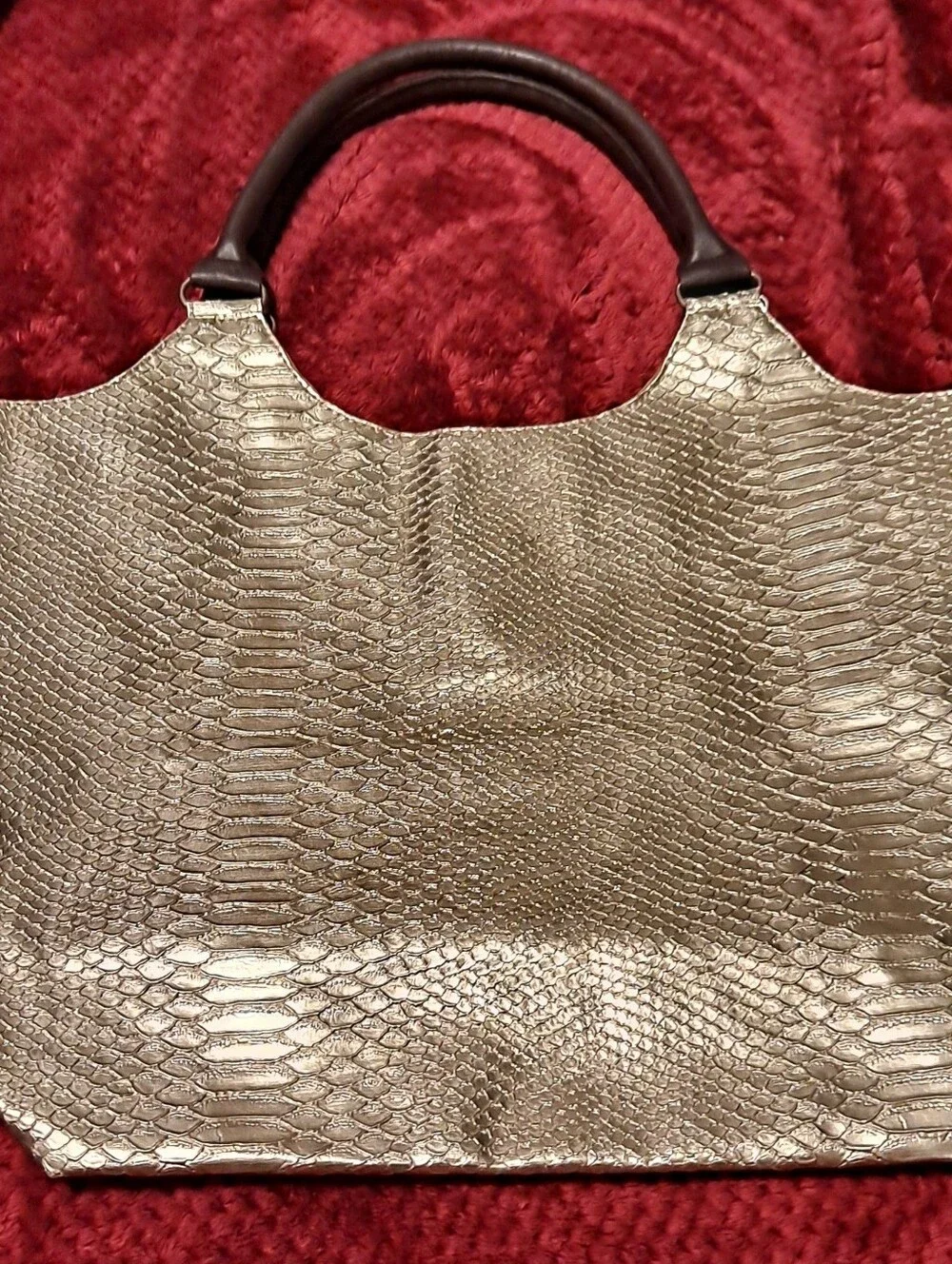 Nieman Marcus Gold Metallic Snake-Embossed Tote Bag with Dark Handles - Picture 5 of 8